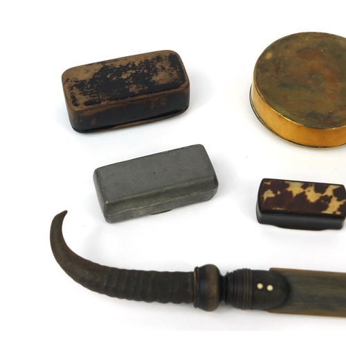 75 - Six antique snuff boxes together with a horn letter opener, the snuff boxes including a Georgian bra... 