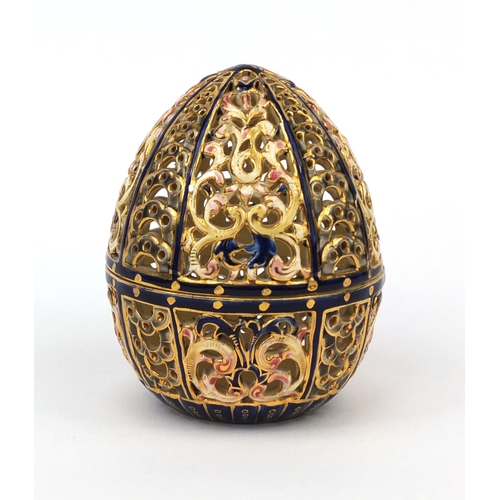 758 - Zsolnay Pecs style pieced egg basket, with hand painted decoration, numbered 295 to the base, 13cm h... 