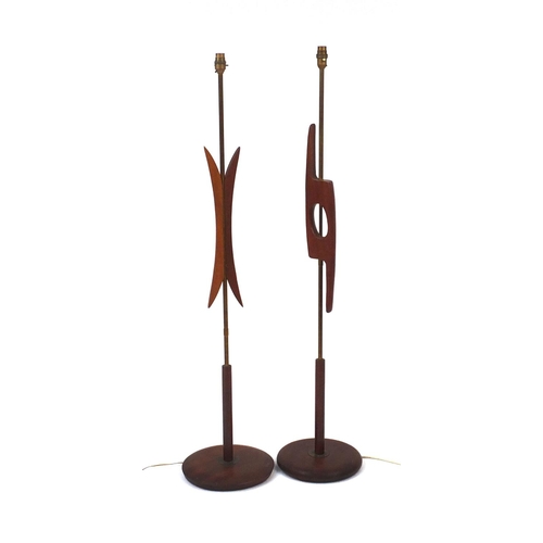 2035 - Two retro teak and brass standard lamps