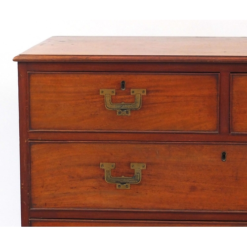 2002 - Victorian mahogany campaign style chest with inset brass handles, fitted with two short above three ... 