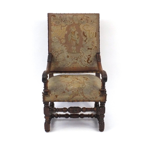 2013 - 19th century oak framed elbow chair with needle point upholstered back and seat, 106cm high