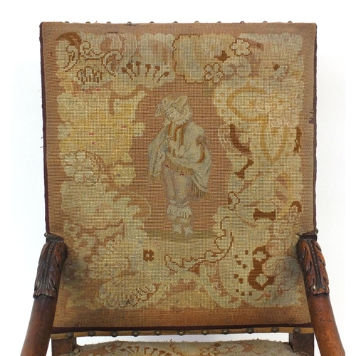 2013 - 19th century oak framed elbow chair with needle point upholstered back and seat, 106cm high