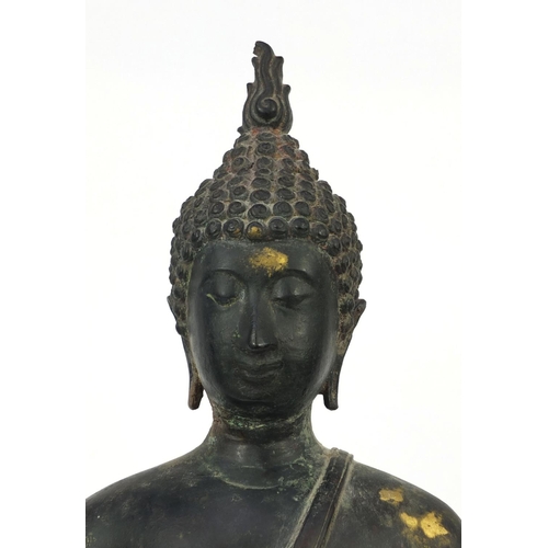 606 - Thai patinated bronze standing figure of Buddha, on wooden stand, overall 68cm high