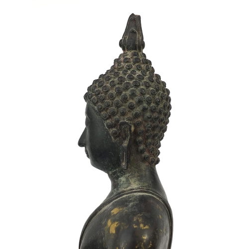 606 - Thai patinated bronze standing figure of Buddha, on wooden stand, overall 68cm high