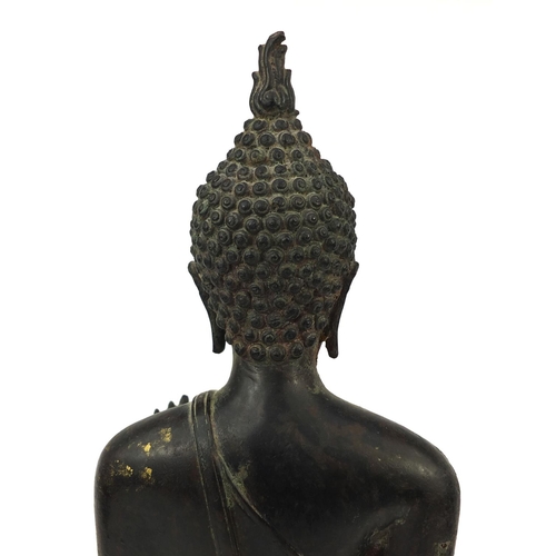 606 - Thai patinated bronze standing figure of Buddha, on wooden stand, overall 68cm high