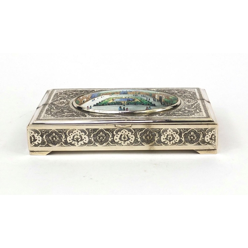 612 - Rectangular Persian silver box, the hinged lid with oval enamelled plaque depicting Naqsh-e Jahan Sq... 