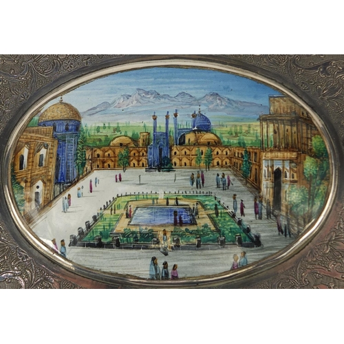 612 - Rectangular Persian silver box, the hinged lid with oval enamelled plaque depicting Naqsh-e Jahan Sq... 