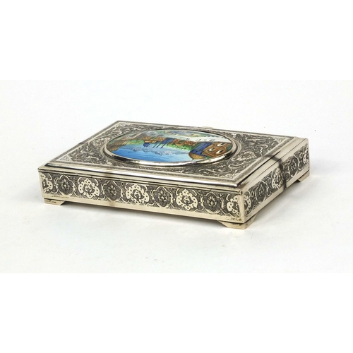 612 - Rectangular Persian silver box, the hinged lid with oval enamelled plaque depicting Naqsh-e Jahan Sq... 