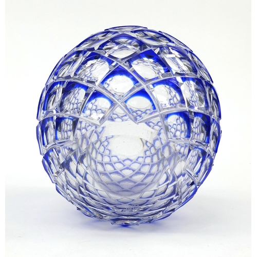 703 - Bohemian blue flashed cut glass vase of ovoid form, etched marks to the base, 15.5cm high