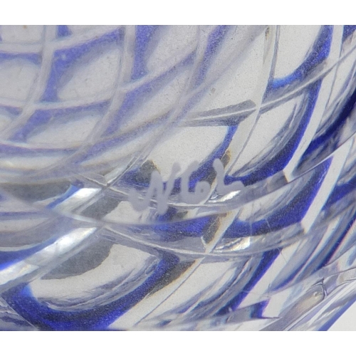 703 - Bohemian blue flashed cut glass vase of ovoid form, etched marks to the base, 15.5cm high