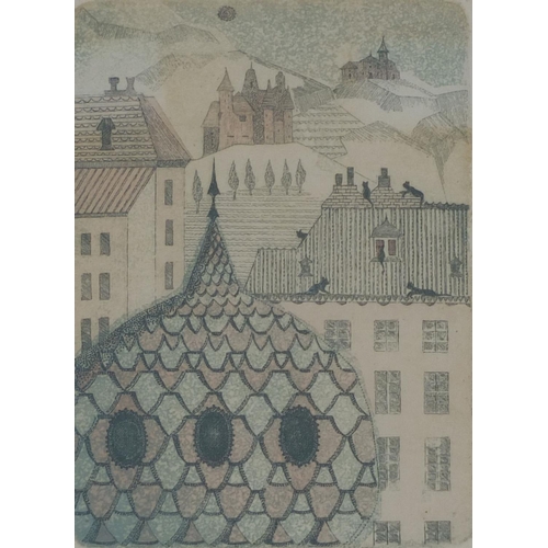 1275 - Eilen Greewood - Pencil signed limited edition coloured etching, six French cats on one French roof,... 