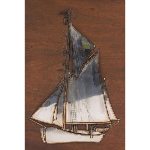 2060A - Peter Millage - Stainless steel relief sculpture onto wood panel, rigged ship, label verso, overall ... 