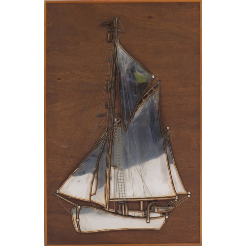 2060A - Peter Millage - Stainless steel relief sculpture onto wood panel, rigged ship, label verso, overall ... 
