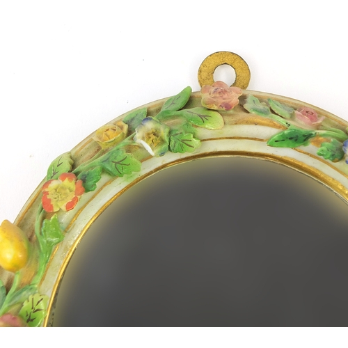 655 - Meissen porcelain hand mirror, with silver plated back, naturalistic handle and hand painted floral ... 