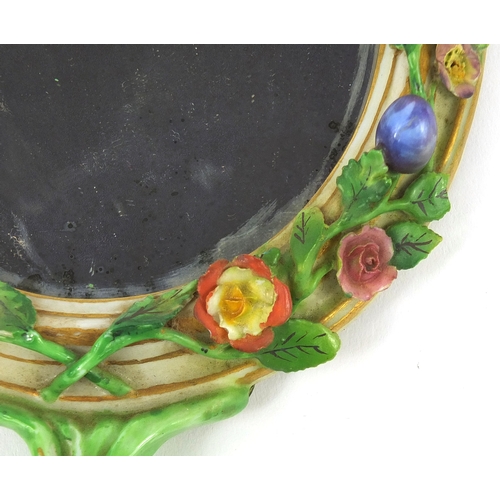 655 - Meissen porcelain hand mirror, with silver plated back, naturalistic handle and hand painted floral ... 