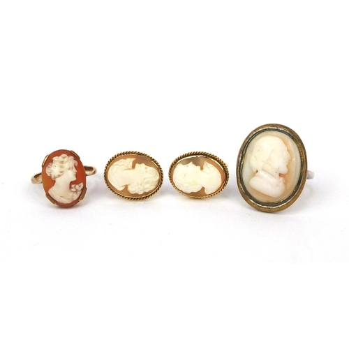 2529 - 9ct gold cameo ring and pair of earrings, and an antique white metal cameo ring