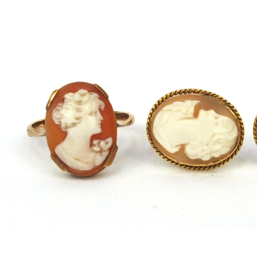 2529 - 9ct gold cameo ring and pair of earrings, and an antique white metal cameo ring