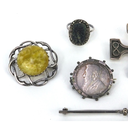 2530 - Assorted silver jewellery including hard stone brooches, hard stone rings, Scottish Celtic brooches ... 