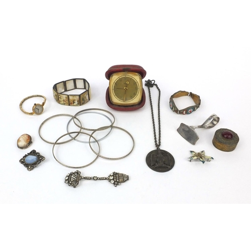 2539 - Assorted costume jewellery including brooches, micromosaic bracelet, travel alarm clock etc together... 