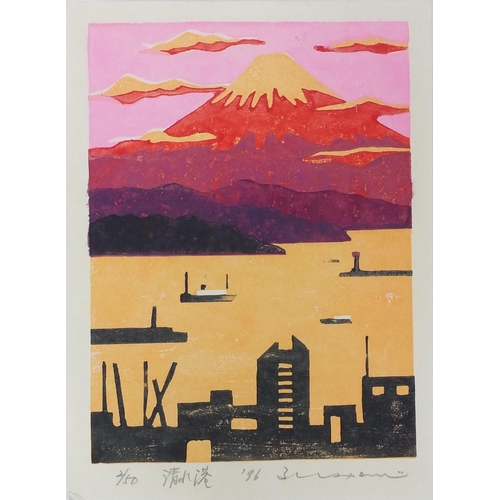 597 - Five unframed Japanese pencil signed limited edition screen prints, each of Mount Fuji, various numb... 