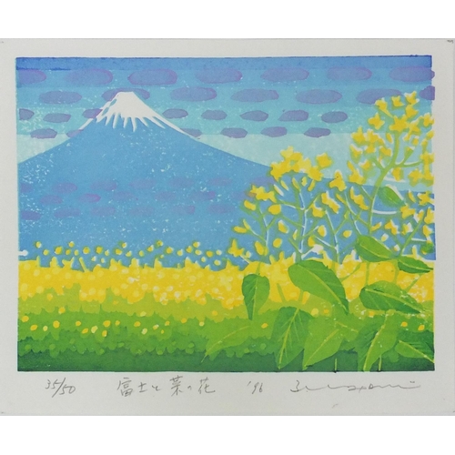 597 - Five unframed Japanese pencil signed limited edition screen prints, each of Mount Fuji, various numb... 