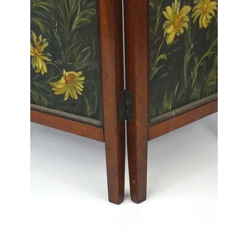 777 - Aesthetic walnut four fold screen with foliate fret work panels above four rectangular panels, each ... 