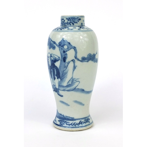 505 - Chinese blue and white porcelain baluster vase, hand painted with figures, blue ring marks to the ba... 