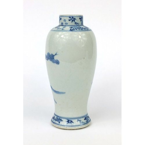 505 - Chinese blue and white porcelain baluster vase, hand painted with figures, blue ring marks to the ba... 