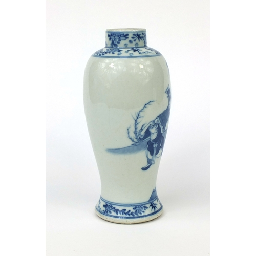 505 - Chinese blue and white porcelain baluster vase, hand painted with figures, blue ring marks to the ba... 