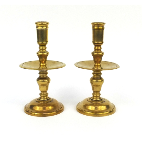 62 - Pair of Antique Dutch brass Heemskerk candlesticks, each 25cm high