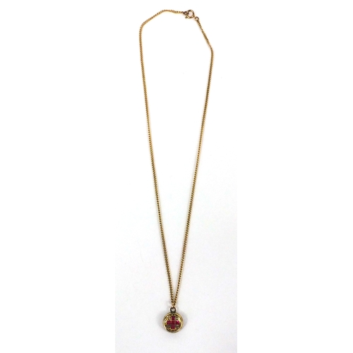 928 - Unmarked gold diamond and ruby red cross pendant, with a 9ct gold necklace, the pendant made for a m... 