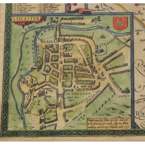 123 - 17th century hand coloured map of Leicester with Coat of Arms performed by John Speede, by John John... 