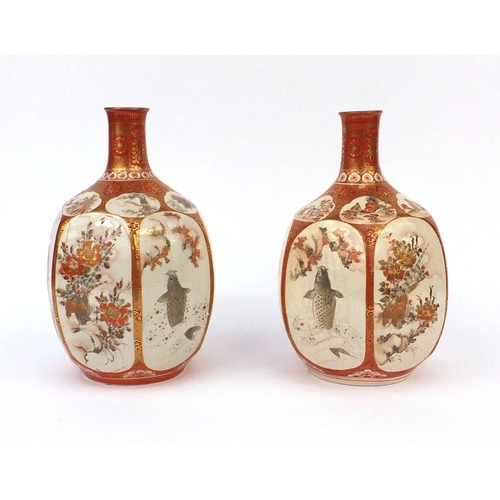 530 - Pair of Japanese Kutani porcelain vases, each with hexagonal bodies, both hand painted with panels o... 