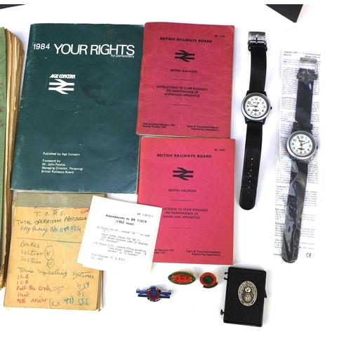 758 - Box of railway ephemera including training manuals, Southern rail wristwatches, enamelled badges etc