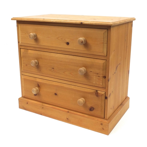 40 - Pine three drawer chest, 71cm high x 76cm wide x 46cm deep
