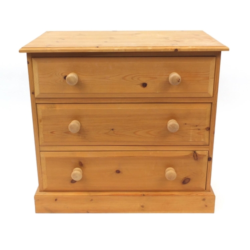 40 - Pine three drawer chest, 71cm high x 76cm wide x 46cm deep