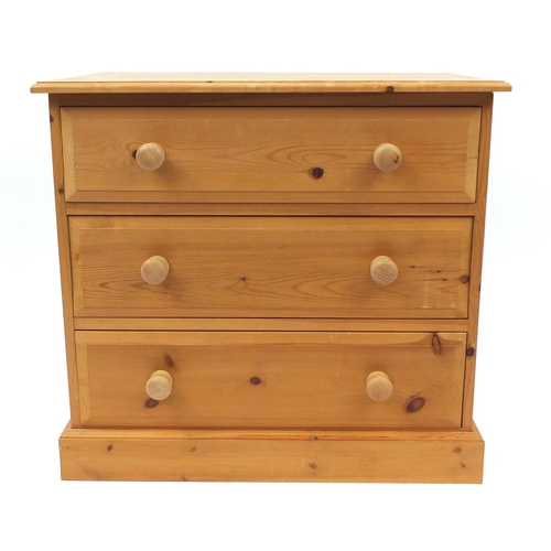 40 - Pine three drawer chest, 71cm high x 76cm wide x 46cm deep