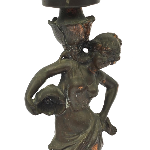 195 - Pair of Spelter figural table lamps with globular glass shades, 70cm high