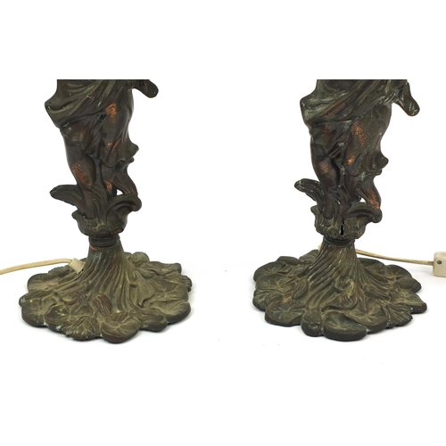 195 - Pair of Spelter figural table lamps with globular glass shades, 70cm high