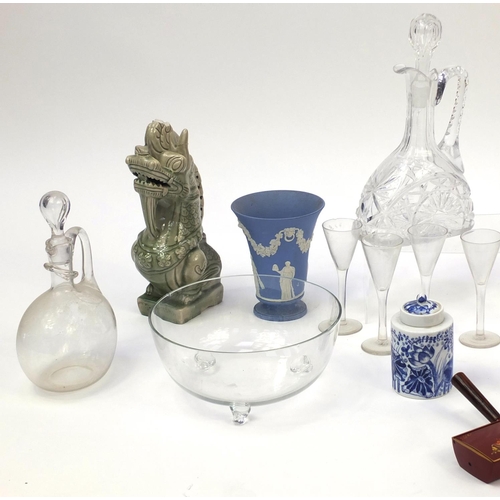 580 - Group of glassware and china including decanters, Moorcroft style vase, Spode clock, pair of dwarf R... 