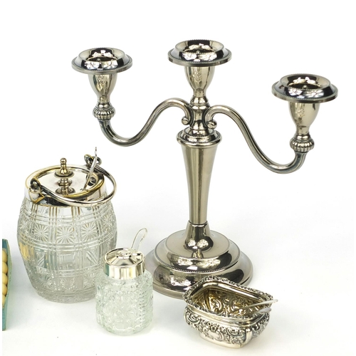 268 - Silver plated items including cutlery and a three branch candelabra together with a silver open salt... 