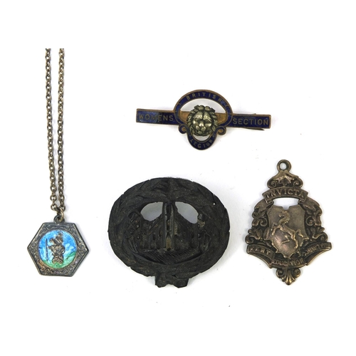 351 - Assorted jewellery including a carved bog oak brooch, silver Invicta jewel, enamelled  woman's Briti... 