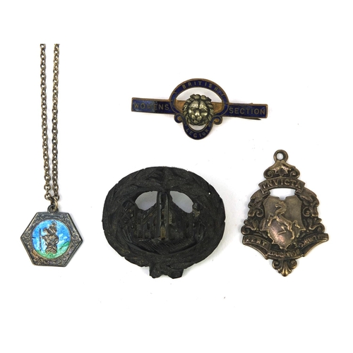 351 - Assorted jewellery including a carved bog oak brooch, silver Invicta jewel, enamelled  woman's Briti... 