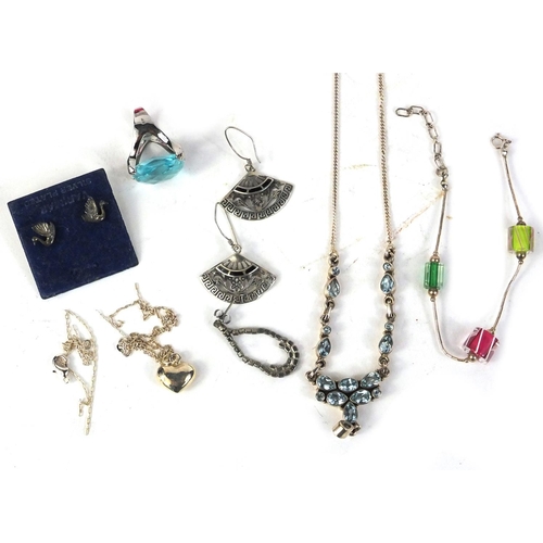 392 - Collection of mostly silver jewellery including blue stone necklace and ring, spider pendant, cuff l... 