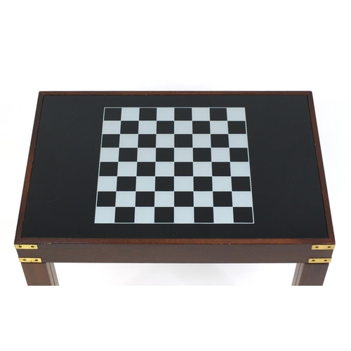 41 - Mahogany games table with glass top with Chess and Back Gammon pieces, 49cm high x 61cm wide x 41cm ... 