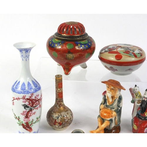 676 - Selection of Oriental items to include Japanese Satsuma vase, koro and cover and an egg shell vase