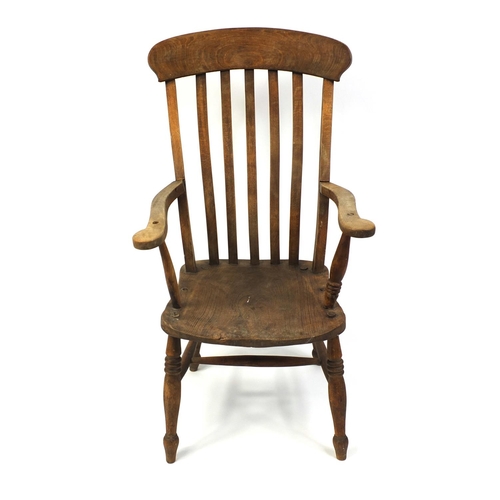 86 - Elm slat back open armchair, 119cm high