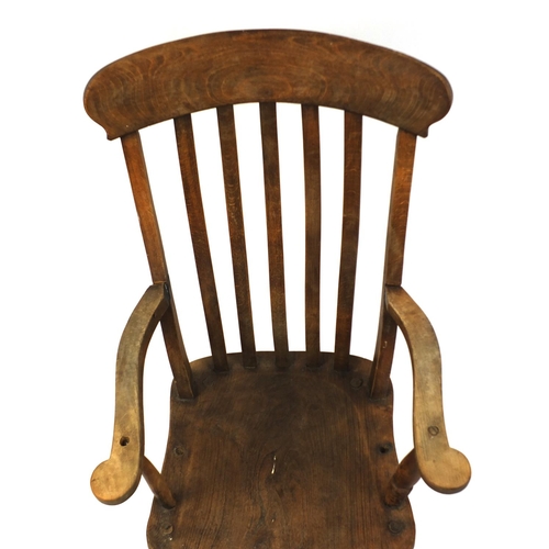 86 - Elm slat back open armchair, 119cm high