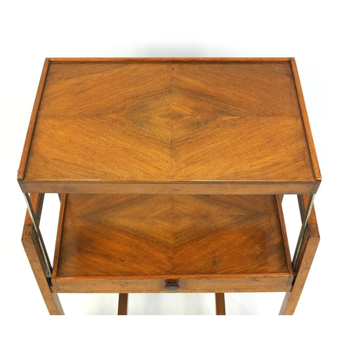 119 - Quarter veneered walnut cantilever tea trolley, 87cm high x 61cm wide x 39cm deep