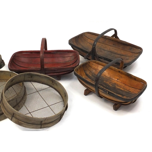 630 - Three vintage wooden trugs and three wooden garden sieves